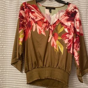 WHBM floral blouse elastic cinched wait olive green